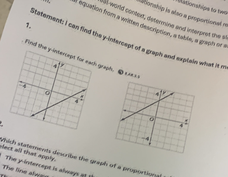 lationships to two 
alationship is also a proportional re 
val-world context, determine and interpret the s 
11). * equation from a written description, a table, a graph or 
1. 
Statement: I can find the y-intercept of a graph and explain what it n 
Find the graph. 
DBAR,3, 
lect all that apply. 
Which statements describe the graph of a proportiona 
The y-intercept is always at 
The line alway