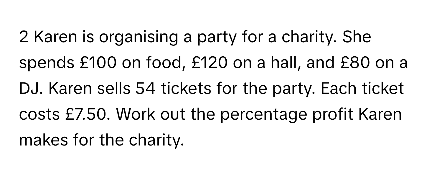 Karen is organising a party for a charity. She spends £100 on food, £120 on a hall, and £80 on a DJ. Karen sells 54 tickets for the party. Each ticket costs £7.50. Work out the percentage profit Karen makes for the charity.