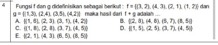 Fungsi f dan g didefinisikan sebagai berikut : f= (3,2),(4,3),(2,1),(1,2) dan
g= (1,3),(2,4),(3,5),(4,2) maka hasil dari f+g adalah ...
A.  (1,6),(2,3),(3,1),(4,2) B.  (2,8),(4,8),(6,7),(8,5)
C.  (1,8),(2,8),(3,7),(4,5) D.  (1,5),(2,5),(3,7),(4,5)
E.  (2,1),(4,3),(6,5),(8,5)