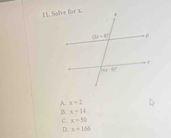 A. x=2
B. x=14
C. x=50
D. x=166