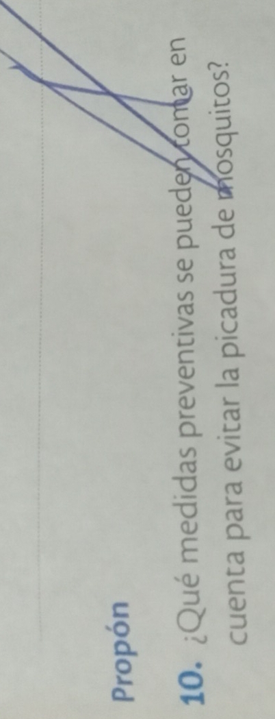 Propón 
10. ¿Qué medidas preventivas se pueden tomar en 
cuenta para evitar la picadura de mosquitos?