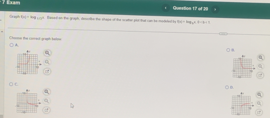 Exam Question 17 of 20 
Graph f(x)=log _1/3x Based on the graph, describe the shape of the scatter plot that can be modeled by f(x)=log _bx, 0
Choose the correct graph below 
A.. 
B. 
C. 
D.