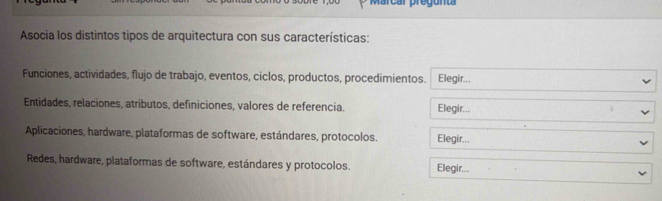 Marcar pregunta
Asocia los distintos tipos de arquitectura con sus características:
Funciones, actividades, flujo de trabajo, eventos, ciclos, productos, procedimientos. Elegir...
Entidades, relaciones, atributos, definiciones, valores de referencia. Elegir...
Aplicaciones, hardware, plataformas de software, estándares, protocolos. Elegir...
Redes, hardware, plataformas de software, estándares y protocolos. Elegir...