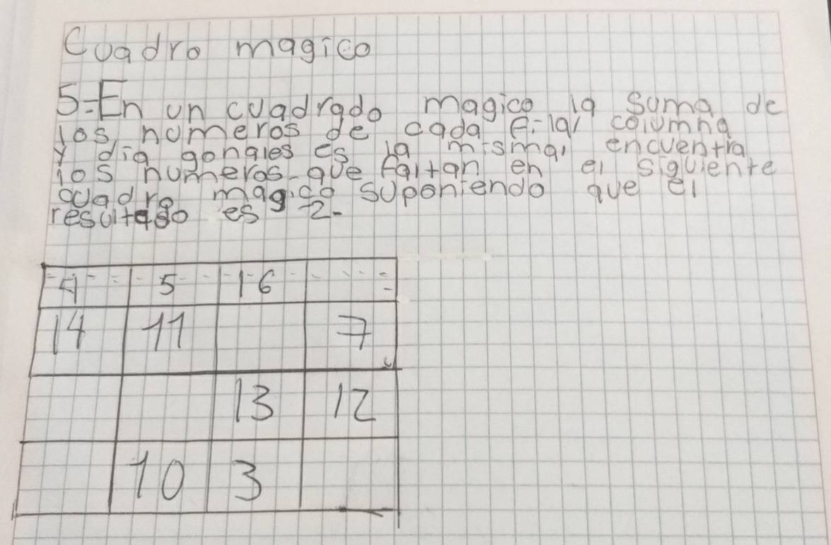 Cuadro magice 
5 [n un cuadrado magice l9 Suma de 
los nomeros de cada G-19/ coiumne 
Y dia gongles es ha misbngl encuentra 
gos humeros ove falton enel siquente 
ocadre magieg soponiendo aue el 
resultedo es +2.