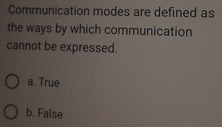 Communication modes are defined as
the ways by which communication
cannot be expressed.
a. True
b. False