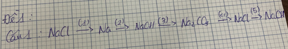 De1: 
Caul NaClxrightarrow (1)Naxrightarrow (2)NaOHxrightarrow (3)Na_2CO_3xrightarrow (c1)NaClxrightarrow (5)NaOH