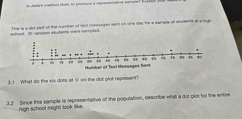 Is Jada's method likely to produce a representative sample? Explain your reason 
This is a dot plot of the number of text messages sent on one day for a sample of students at a high 
school, 30 random students were sampled. 
3.1 What do the six dots at 0 on the dot plot represent? 
3.2 Since this sample is representative of the population, describe what a dot plot for the entire 
high school might look like.