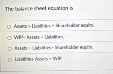 The balance sheet equation is
Assets = Liabilities + Shareholder equity.
WIP= Assets + Liabilities.
Assets + Liabilities= Shareholder equity.
Liabilities-Assets =WIP.