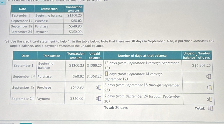 Use the credit card statement to help fill in the table below. Note that there are 30 days in September. Also, a purchase increases the 
unpaid balance, and a payment decreases the unpaid balance.