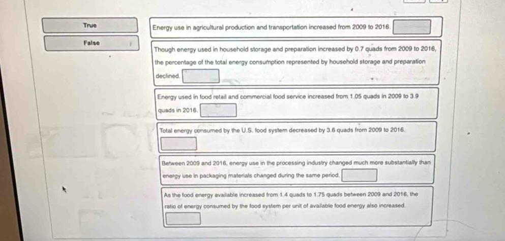 True Energy use in agricultural production and transportation increased from 2009 to 2016.
False
Though energy used in household storage and preparation increased by 0.7 quads from 2009 to 2016,
the percentage of the total energy consumption represented by household storage and preparation
declined.
Energy used in food retail and commercial food service increased from 1.05 quads in 2009 to 3.9
quads in 2016.
Total energy consumed by the U.S. food system decreased by 3.6 quads from 2009 to 2016.
Between 2009 and 2016, energy use in the processing industry changed much more substantially than
energy use in packaging materials changed during the same period.
As the food energy available increased from 1.4 quads to 1.75 quads between 2009 and 2016, the
ratio of energy consumed by the food system per unit of available food energy also increased.