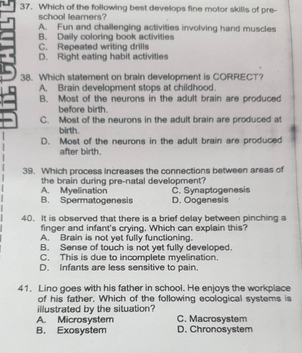 Which of the following best develops fine motor skills of pre-
school learners?
A. Fun and challenging activities involving hand muscles
B. Daily coloring book activities
C. Repeated writing drills
D. Right eating habit activities
38. Which statement on brain development is CORRECT?
A. Brain development stops at childhood.
B. Most of the neurons in the adult brain are produced
before birth.
C、 Most of the neurons in the adult brain are produced at
birth.
D. Most of the neurons in the adult brain are produced
after birth.
39. Which process increases the connections between areas of
the brain during pre-natal development?
A. Myelination C. Synaptogenesis
B. Spermatogenesis D. Oogenesis
40. It is observed that there is a brief delay between pinching a
finger and infant's crying. Which can explain this?
A. Brain is not yet fully functioning.
B. Sense of touch is not yet fully developed.
C. This is due to incomplete myelination.
D. Infants are less sensitive to pain.
41. Lino goes with his father in school. He enjoys the workplace
of his father. Which of the following ecological systems is
illustrated by the situation?
A. Microsystem C. Macrosystem
B. Exosystem D. Chronosystem