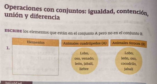 Operaciones con conjuntos: igualdad, contención, 
unión y diferencia 
ESCRIBE los elementos que están en el conjunto A pero no en el conjunto B. 
Elementos Animales cuadrúpedos (A) Animales feroces (B) 
1. Lobo, 
Lobo, 
oso, venado, león, oso, 
león, jabalí, cocodrilo, 
liebre jabalí 
Teualdad