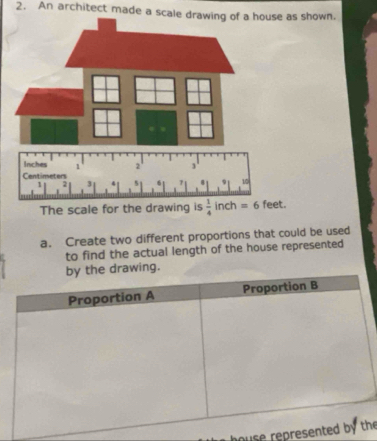 An architect made a scale drawing of a house as shown 
The scale for the drawing is  1/4 inch=6 feet. 
a. Create two different proportions that could be used 
to find the actual length of the house represented 
drawing. 
house represehe