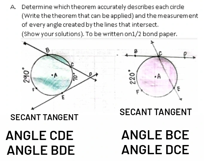 Determine which theorem accurately describes each circle 
(Write the theorem that can be applied) and the measurement 
of every angle created by the lines that intersect. 
(Show your solutions). To be written on1/2 bond paper. 
SECANT TANGENT 
SECANT TANGENT 
ANGLE CDE ANGLE BCE
ANGLE BDE ANGLE DCE