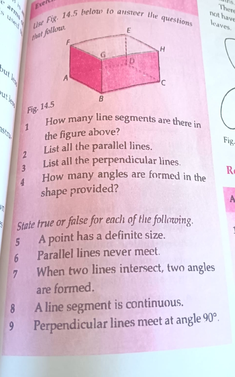 as Exert 
s 
Ther 
not have 
4 3 1 use Use Fig, 14.5 below to answer the questions leaves. 
that fol 

ut le 
Fig. 14.5 
1 How many line segments are there in 
stry the figure above? 
2 List all the parallel lines. 
Fig. 
3 List all the perpendicular lines. 
R 
4 How many angles are formed in the 
shape provided? 
A 

` State true or false for each of the following. 
5 A point has a definite size. 
6 Parallel lines never meet. 
7 When two lines intersect, two angles 
are formed. 
8 A line segment is continuous. 
9 Perpendicular lines meet at angle 90°.