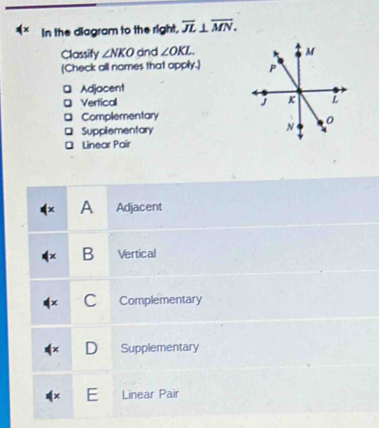 In the diagram to the right, overline JL⊥ overline MN. 
Classify ∠ NKO and ∠ OKL. 
[Check all names that apply.]
Adjacent
* Vertical
□ Complementary
. Supplementary
Linear Pair
