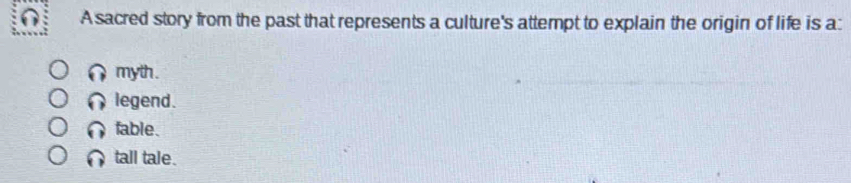 A sacred story from the past that represents a culture's attempt to explain the origin of life is a:
myth .
legend.
fable.
tall tale.