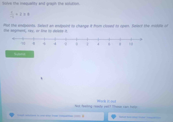 Solve the inequality and graph the solution.
 c/-1 +2≥ 8
Plot the endpoints. Select an endpoint to change it from closed to open. Select the middle of 
the segment, ray, or line to delete it. 
Submit 
Work it out 
Not feeling ready yet? These can help: 
Gragh solutions to one-step linear inequalities (100) ￥ Solve two-stop linear inequaltin