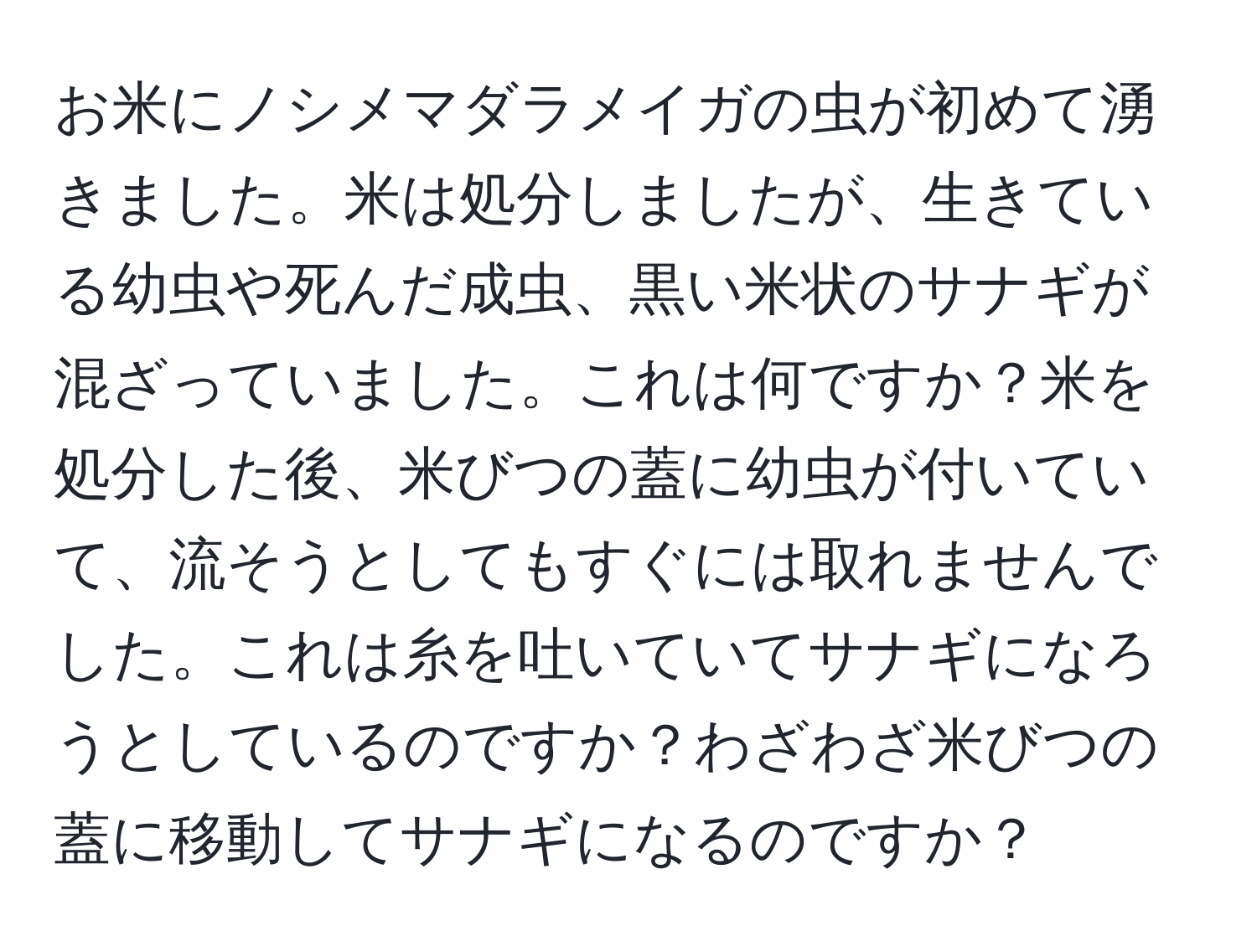 お米にノシメマダラメイガの虫が初めて湧きました。米は処分しましたが、生きている幼虫や死んだ成虫、黒い米状のサナギが混ざっていました。これは何ですか？米を処分した後、米びつの蓋に幼虫が付いていて、流そうとしてもすぐには取れませんでした。これは糸を吐いていてサナギになろうとしているのですか？わざわざ米びつの蓋に移動してサナギになるのですか？