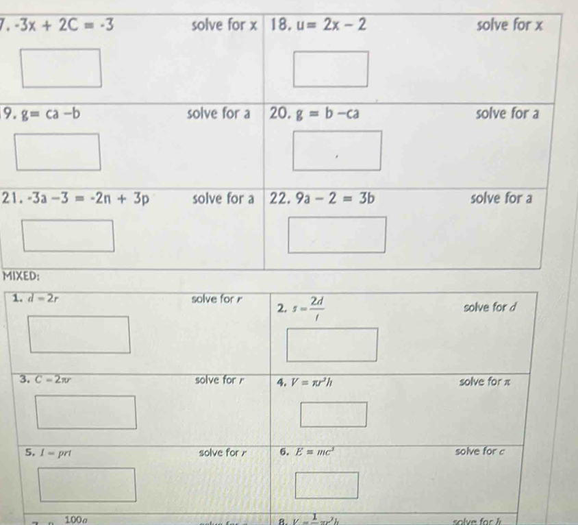 MI
100a 8. V=frac 1π r^2h solve for h