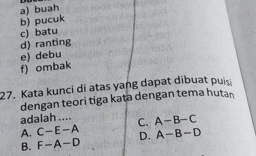 a) buah
b) pucuk
c) batu
d) ranting
e) debu
f) ombak
27. Kata kunci di atas yang dapat dibuat puisi
dengan teori tiga kata dengan tema hutan
adalah ....
C. A-B-C
A. C-E-A A-B-D
D.
B. F-A-D