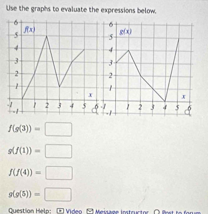 Use the graphs to evaluate the expressions below.
6
g(x)
5
4
3
2
1
x
1 2 3 4 5 6
-1
f(g(3))=□
g(f(1))=□
f(f(4))=□
g(g(5))=□
Question Help: * Video □ Message instructor O Post to foru