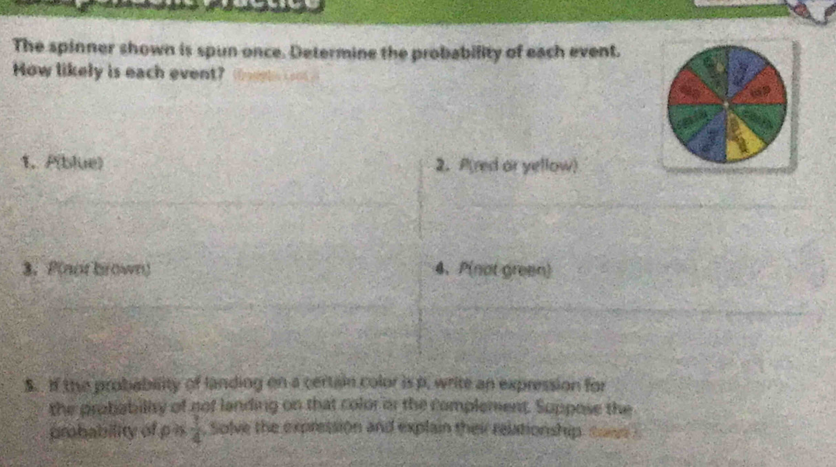 The spinner shown is spun once. Determine the probability of each event. 
How likely is each event? a 
1. P(blue) 2. P(red or yellow) 
3. P(not brown) 4.P(not green) 
$. If the probability of landing on a certain color is p. write an expression for 
the protiabilly of gof landing on that color or the complement. Suppose the 
probability of p  3/4  , Solve the expression and explain thei relationship. coan .