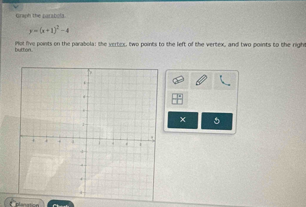 Graph the parabola.
y=(x+1)^2-4
Plot five points on the parabola: the vertex, two points to the left of the vertex, and two points to the right 
button.
1°
planation