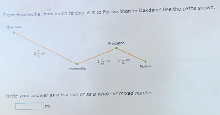 From Booneville, how much farther is it to Fairfax than to Oakdale? Use the paths shown. 
Oakdale 
Princeton
2 3/8 ml
1 7/16 ml 1 1/16 ml
Booneville Fairfax 
Write your answer as a fraction or as a whole or mixed number.
□ mi