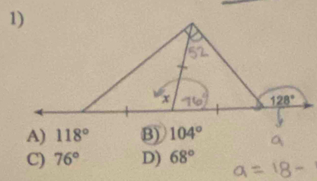 A) 118° B) 104°
C) 76° D) 68°