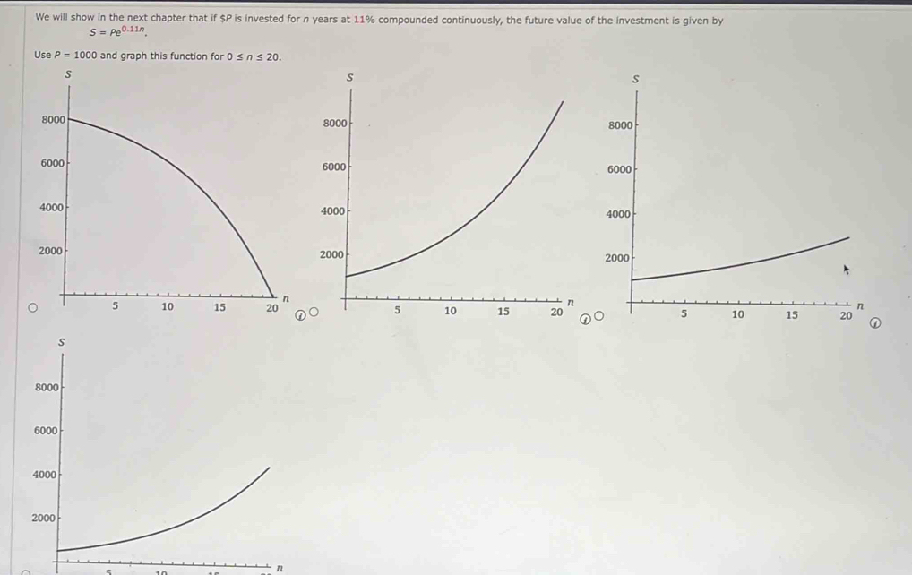 We will show in the next chapter that if $P is invested for n years at 11% compounded continuously, the future value of the investment is given by
S=Pe^(0.11n). 
Use P=1000 and graph this function for 0≤ n≤ 20.

n