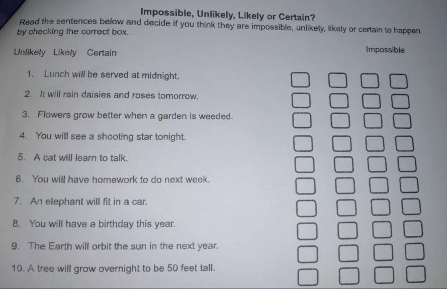 Impossible, Unlikely, Likely or Certain? 
Read the sentences below and decide if you think they are impossible, unlikely, likely or certain to happen 
by checking the correct box. 
Unlikely Likely Certain 
Impossible 
1. Lunch will be served at midnight. 
2. It will rain daisies and roses tomorrow. 
3. Flowers grow better when a garden is weeded. 
4. You will see a shooting star tonight. 
5. A cat will learn to talk. 
6. You will have homework to do next week. 
7. An elephant will fit in a car. 
8. You will have a birthday this year. 
9. The Earth will orbit the sun in the next year. 
10. A tree will grow overnight to be 50 feet tall.