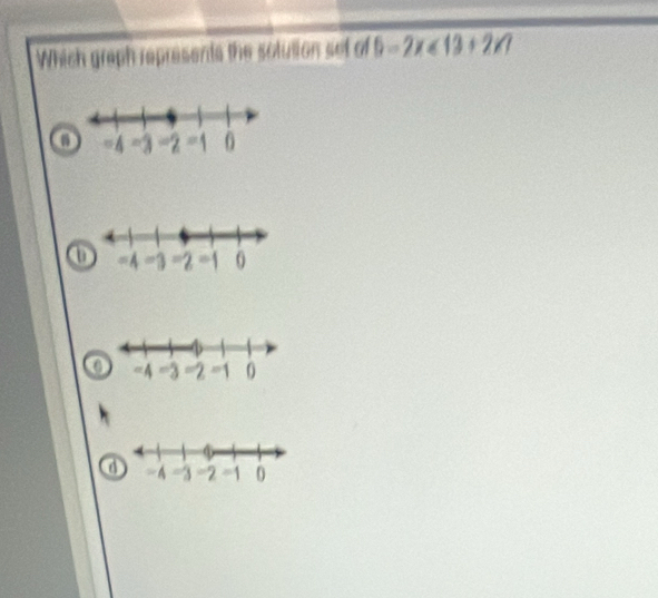 Which graph represents the solution set of 6-2x<13+2!= 7
o