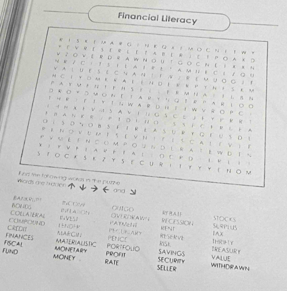 Financial Literacy 
d 
BANKRUPT INCOME OUICO RFBAIF 
BONDS INFLATON OVERDRAWN RECESSION 
STOCKS 
COLLATERAL INVES】 PAYMENT RENT 
SLRPLUS 
COMPOUND IENDER PECUNARY RESERVE IAX 
CREDII MARCIN PENCE RISK 
THRIFTY 
FINANCES MATERIALISTIC PORTFOLIO sAvings 
TREASURY 
FISCAL monetary PROFIT SECURITY VALUE 
FUND MONEY . RATE SELLER 
WITHDRAWN