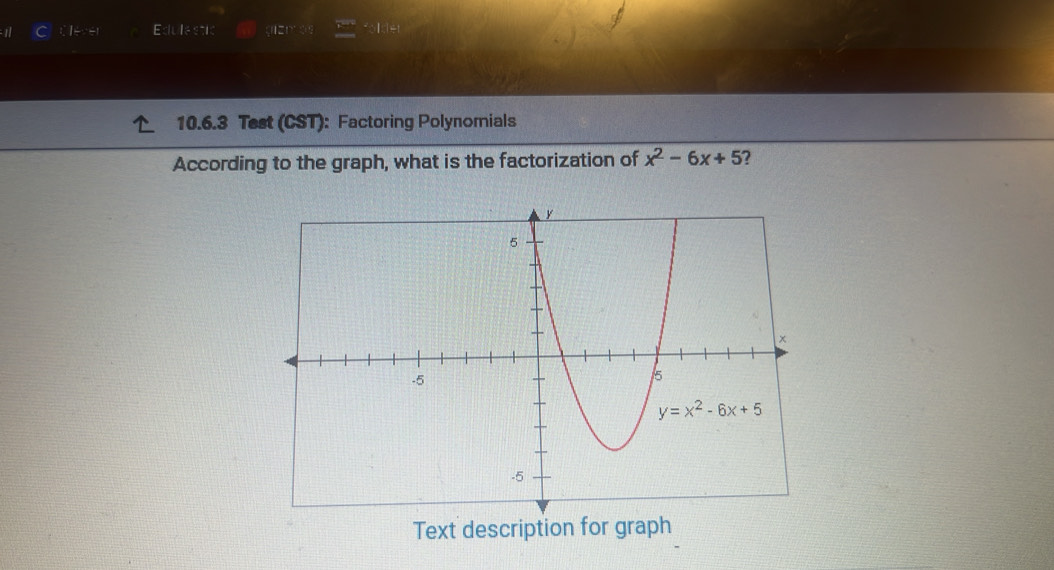 Clever E:ILI≤slant 9%  r/2 ll=r^2:frac  r/2  Kolichet
10.6.3 Test (CST): Factoring Polynomials
According to the graph, what is the factorization of x^2-6x+5
Text description for graph