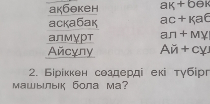 акбθкен
ak +
аскабак + Ka
ac
алмχрт
aπ +n My 
Aйcγлy
An+c V 
2. Біріккен сθздерді екі тγбірг 
Mашылык бола ма?