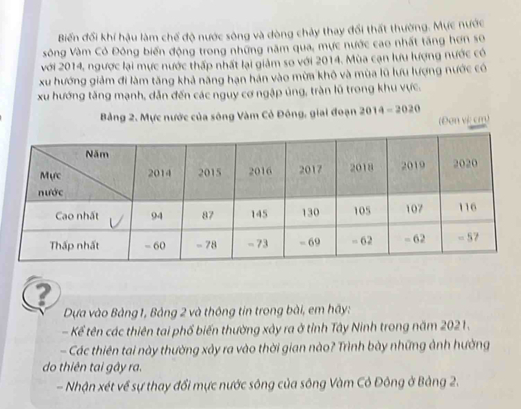 Biến đối khí hậu làm chế độ nước sông và dòng chảy thay đổi thất thường. Mực nước
sông Vàm Cỏ Đông biến động trong những năm qua, mực nước cao nhất tăng hơn sơ
với 2014, ngược lại mực nước thấp nhất lại giảm so với 2014. Mùa cạn lưu lượng nước có
xu hướng giảm đi làm tăng khả năng hạn hán vào mừa khô và mùa lũ lưu lượng nước có
xu hướng tăng mạnh, dẫn đến các nguy cơ ngập ủng, tràn lũ trong khu vực.
Bảng 2. Mực nước của sông Vàm Cỏ Đông, giai đoạn 2014-2020
(Đơn vị cm)
?
Dựa vào Bảng1, Bảng 2 và thông tin trong bài, em hãy:
- Kể tên các thiên tai phố biến thường xây ra ở tỉnh Tây Ninh trong năm 2021.
- Các thiên tai này thường xảy ra vào thời gian nào? Trình bày những ảnh hường
do thiên tai gây ra.
- Nhận xét về sự thay đổi mực nước sông của sông Vàm Cỏ Đông ở Bảng 2.