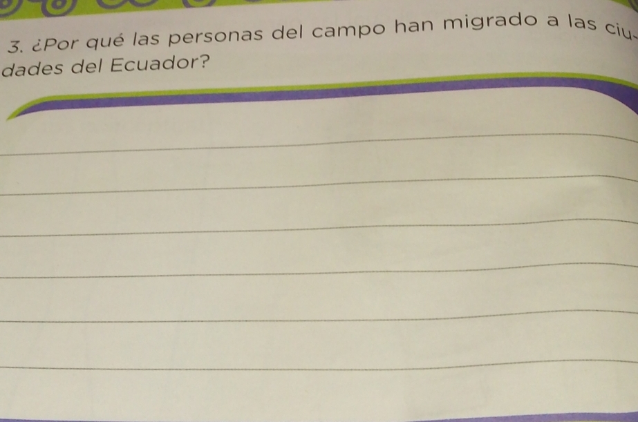 ¿Por qué las personas del campo han migrado a las ciu- 
dades del Ecuador? 
_ 
_ 
_ 
_ 
_ 
_