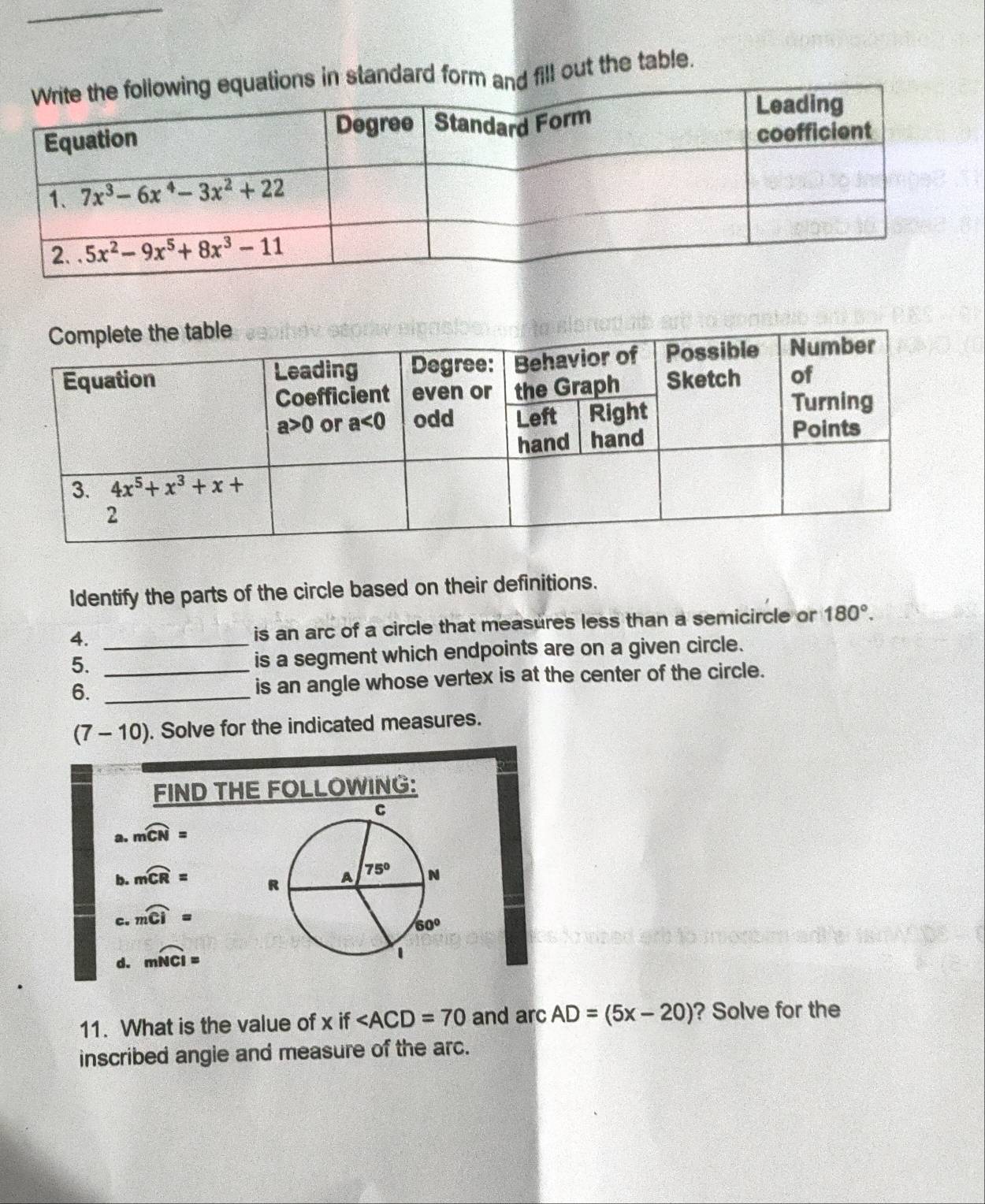 standard for fill out the table.
Identify the parts of the circle based on their definitions.
4. is an arc of a circle that measures less than a semicircle or 180°.
5. _is a segment which endpoints are on a given circle.
6. __is an angle whose vertex is at the center of the circle.
(7-10). Solve for the indicated measures.
FIND THE FOLLOWING:
a. moverline CN=
b. moverline CR=
C. mwidehat CI=
d. mwidehat NCI=
11. What is the value of xif and ar C AD=(5x-20) ? Solve for the
inscribed angle and measure of the arc.