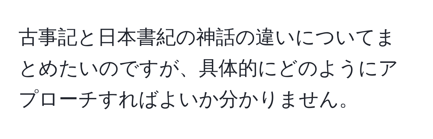 古事記と日本書紀の神話の違いについてまとめたいのですが、具体的にどのようにアプローチすればよいか分かりません。