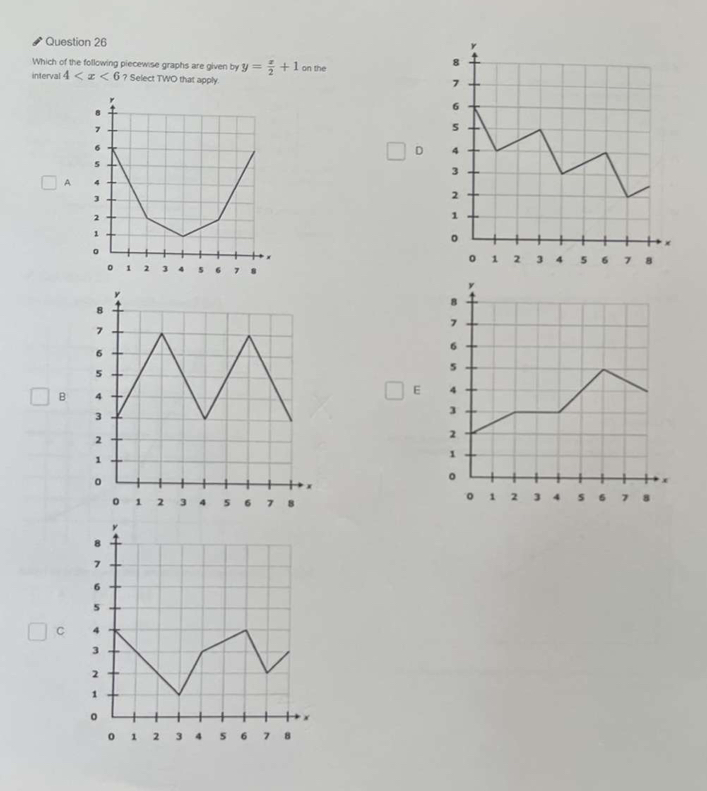 Which of the following piecewise graphs are given by y= x/2 +1 on the
interval 4 ? Select TWO that apply.
D
A
B 
E 
C