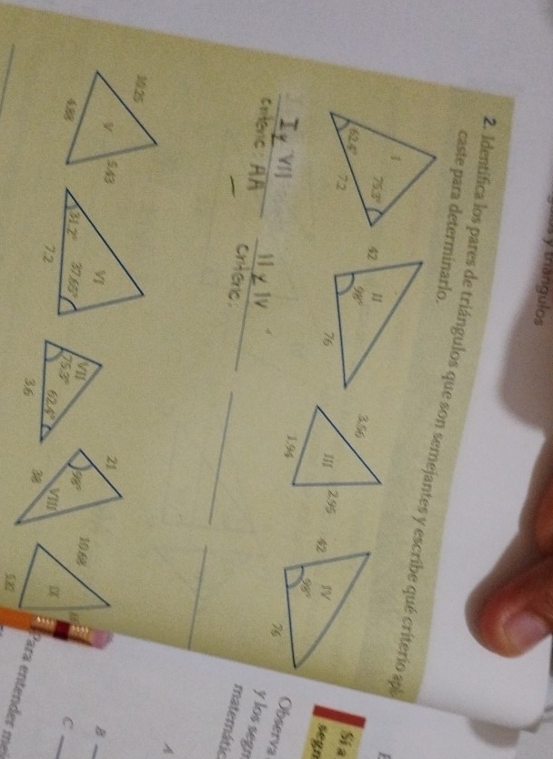 los y trángulos
caste para determinarlo.
2. Identifica los pares de triángulos que son semejantes y escribe qué criterio ap  .
Sia
 
segn
_ I_yVII
Observa
_
_
_
y los segn
_
matemátic
A
B
C__
Para entender m