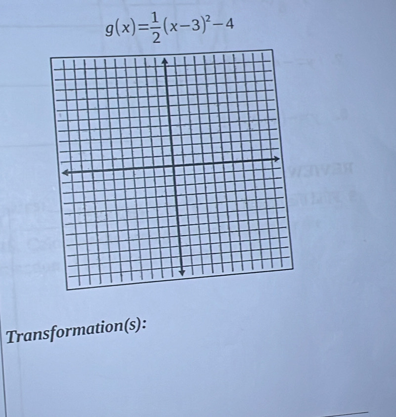 g(x)= 1/2 (x-3)^2-4
Transformation(s):