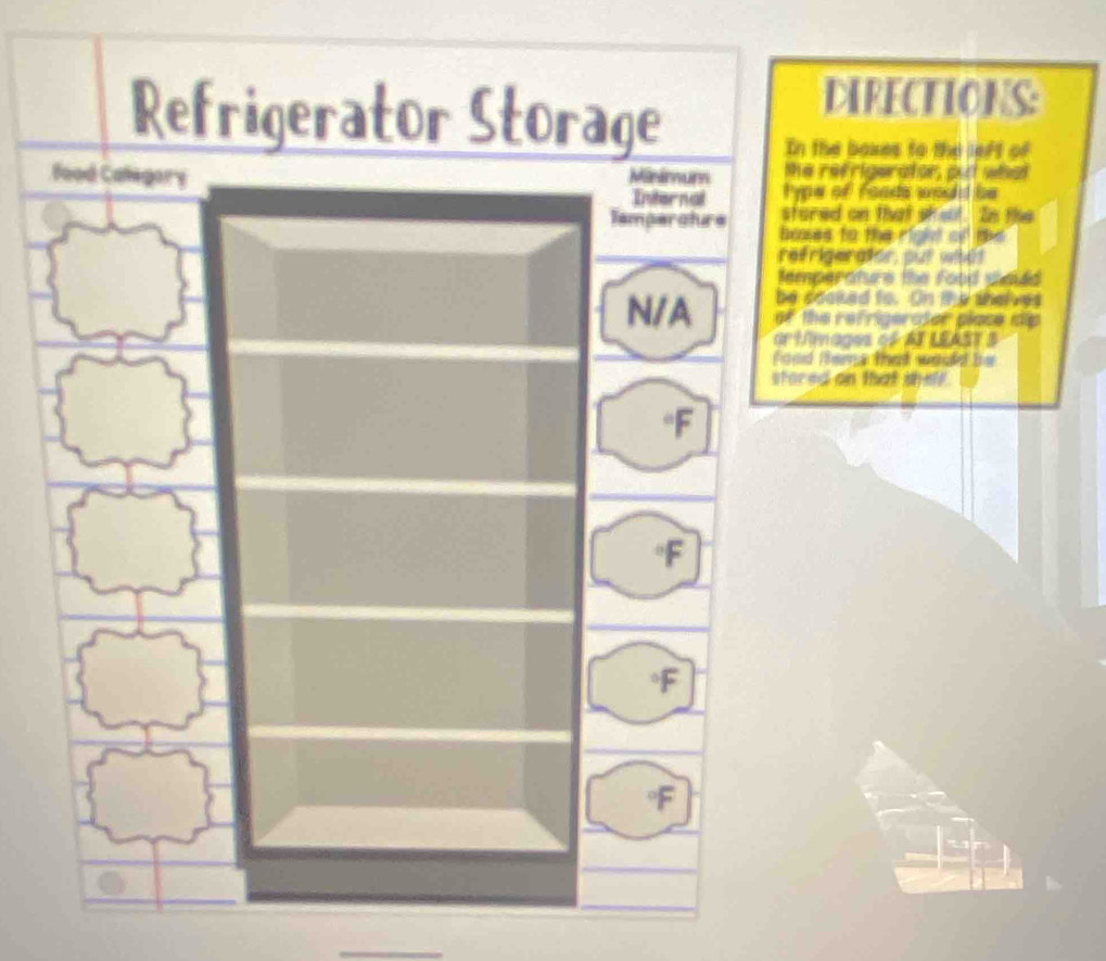 DIRECTIONS: 
the baxes to the left of 
e refrigerator, put what 
w of fands would be 
red on that shelf. In the 
ses to the efight of the 
rigerator, put whht 
perature the food wauld 
cocked to. On the thelves 
he refrigeraior plase dip 
lmages of AT LEAST S 
d mena fond werled te 
ed on that shelf .