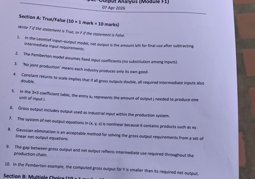 Résolu :ut-Output Analysis (Module F1) 07 Apr 2026 Section A: True ...