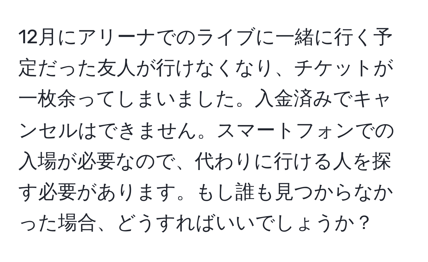 12月にアリーナでのライブに一緒に行く予定だった友人が行けなくなり、チケットが一枚余ってしまいました。入金済みでキャンセルはできません。スマートフォンでの入場が必要なので、代わりに行ける人を探す必要があります。もし誰も見つからなかった場合、どうすればいいでしょうか？