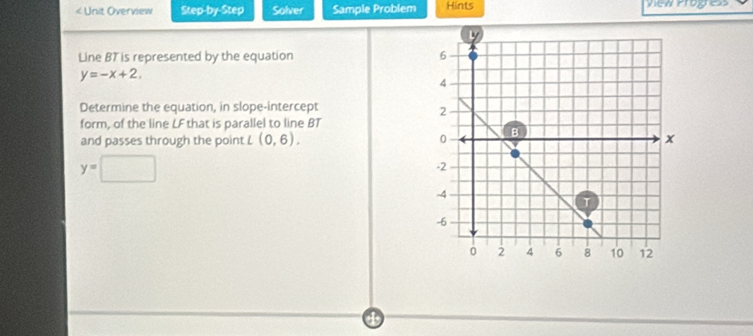 < Unit Overview Step-by-Step Solver Sample Problem Hints vew roge 
Line  BT is represented by the equation
y=-x+2. 
Determine the equation, in slope-intercept 
form, of the line LF that is parallel to line BT
and passes through the point l (0,6).
y=□
a