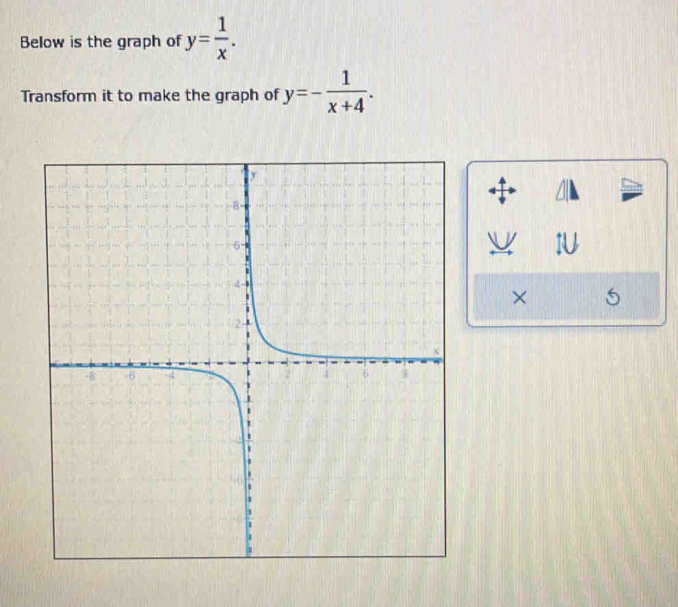 Below is the graph of y= 1/x . 
Transform it to make the graph of y=- 1/x+4 . 
×