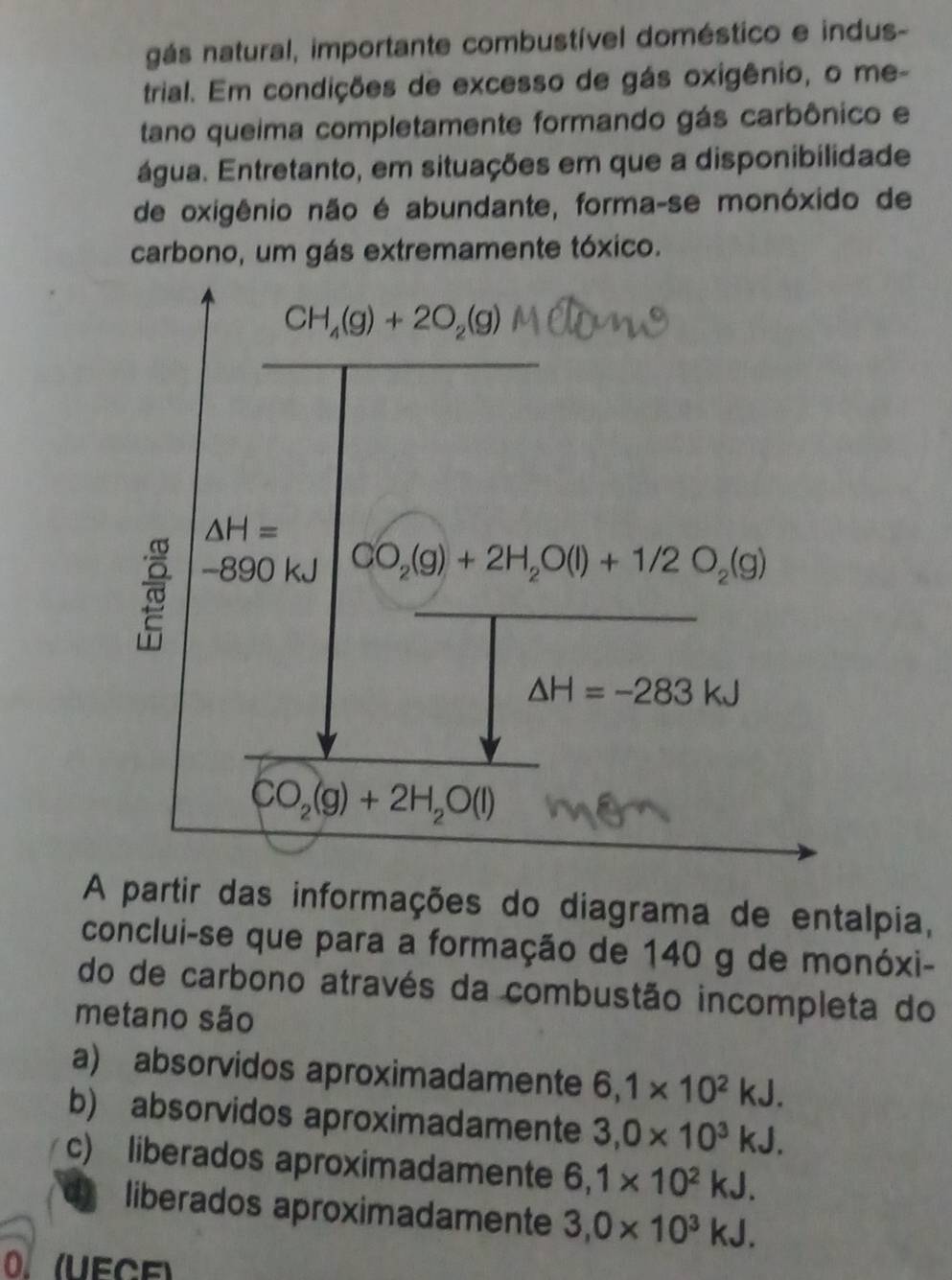 gás natural, importante combustível doméstico e indus-
trial. Em condições de excesso de gás oxigênio, o me-
tano queima completamente formando gás carbônico e
água. Entretanto, em situações em que a disponibilidade
de oxigênio não é abundante, forma-se monóxido de
carbono, um gás extremamente tóxico.
A partir das informações do diagrama de entalpia,
conclui-se que para a formação de 140 g de monóxi-
do de carbono através da combustão incompleta do
metano são
a) absorvidos aproximadamente 6,1* 10^2kJ.
b) absorvidos aproximadamente 3,0* 10^3kJ.
c) liberados aproximadamente 6,1* 10^2kJ.
liberados aproximadamente 3,0* 10^3kJ.
O  (UECE)