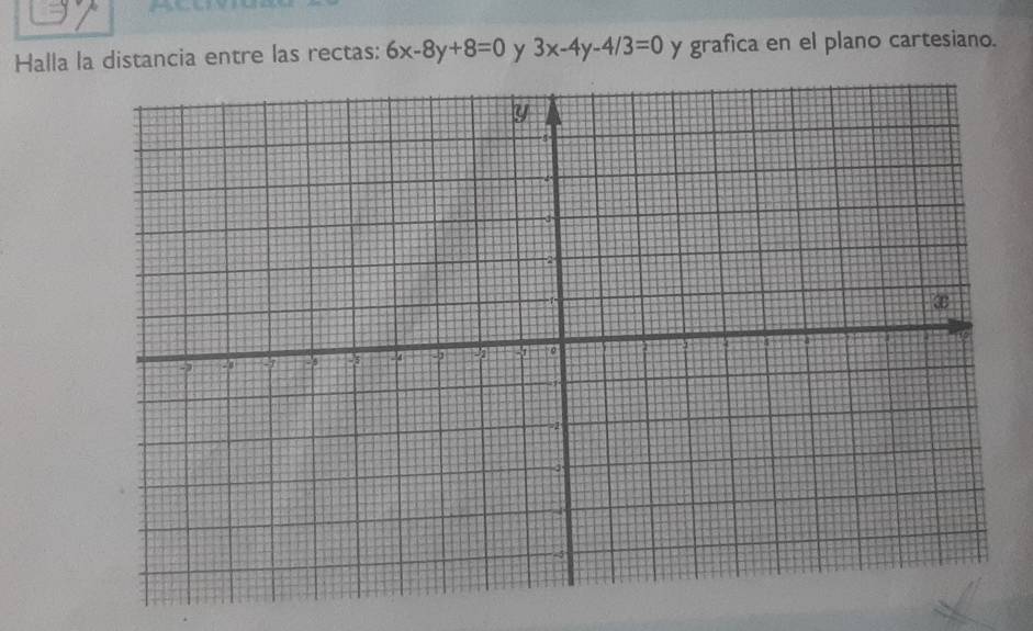 Halla la distancia entre las rectas: 6x-8y+8=0 y 3x-4y-4/3=0 y grafica en el plano cartesiano.